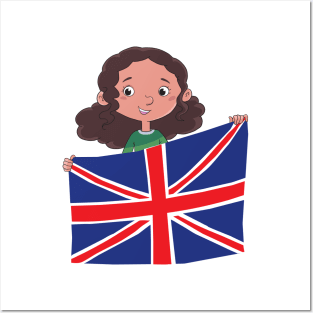 girl holding a large spread British flag Posters and Art